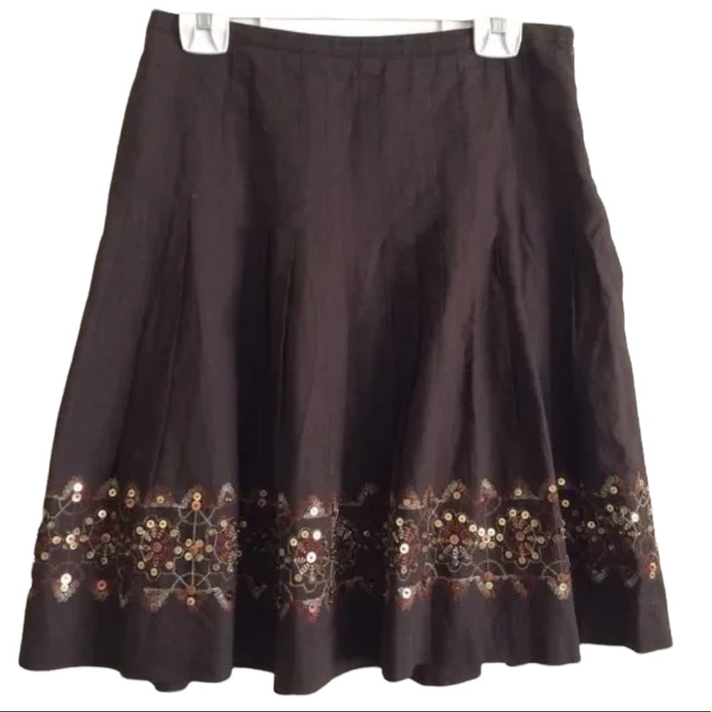Ann Taylor LOFT Womens Brown Linen Mini Skirt Embellished with Beads and Sequins